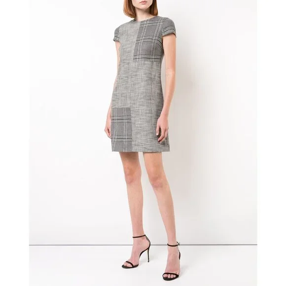 NWT Alice + Olivia Coley Plaid Dress Contrast Print Short Sleeve Black White 10 - Picture 1 of 9